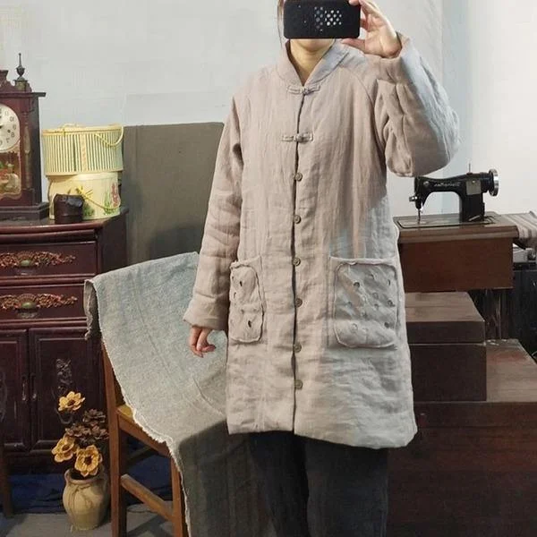 Women's Travel Apparel Women Vintage Linen Parkas Stand Long Sleeve Winter Coats