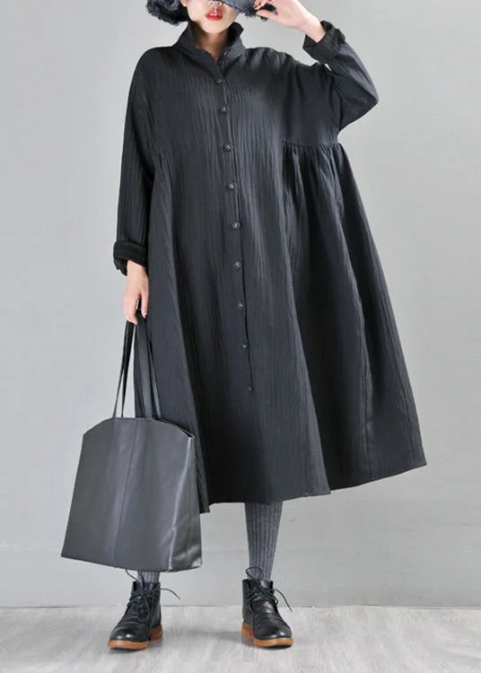 Women's Comfortable Lounge Outfit Fitted Black Peter Pan Collar Patchwork Button Linen Trench Coats Long Sleeve
