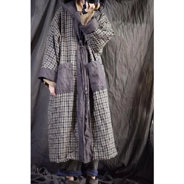 Women's Plus-Size Casual Outfit Omychic Linen Plaid Hooded Parkas Long Coat Female Padded Outerwear Women's Plus-Size Casual Outfit Omychic Linen Plaid Hooded Parkas Long Coat Female Padded Outerwear