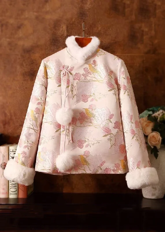 Women's Holiday Clothing Jacquard Pink Fur Collar Fuzzy Ball Patchwork Duck Down Down Coats Winter