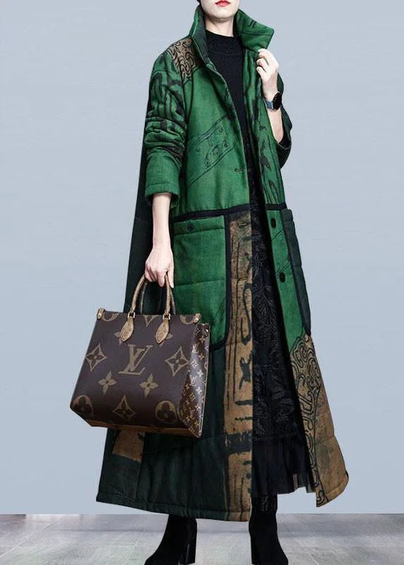 Fashion Clearance Sale – Grab The Best Deals Today Boutique Green Print Pockets Thick Cotton Winter Long sleeve Coat