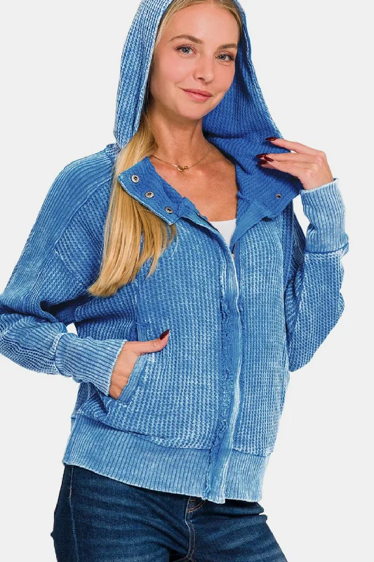Women's Elegant Clothing Sets Acid Wash Cotton Waffle Hooded Zip-Up Jacket