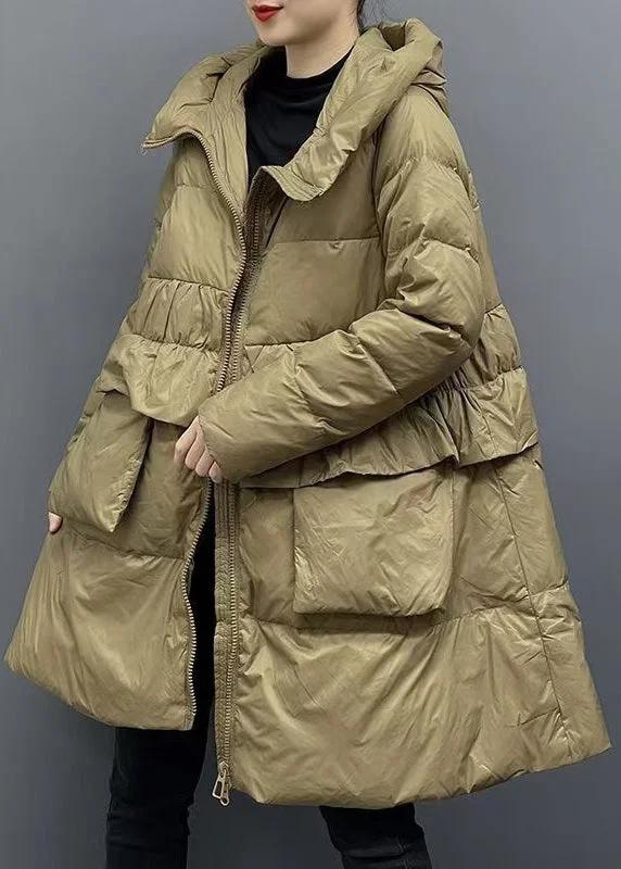 Women's Fashion-Forward Apparel Women Khaki Hooded Zippered Pockets Down Coats Winter