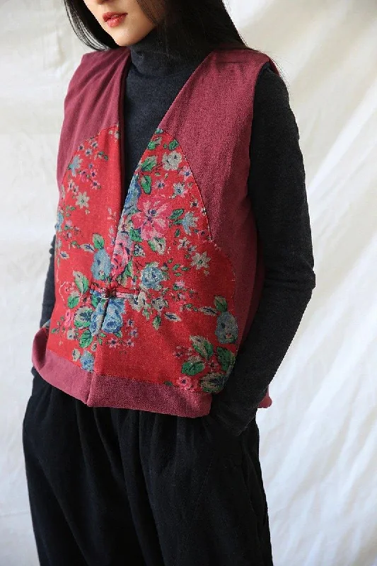 Women's Elegant Apparel Women Vintage Linen Vests Coats Chinese Style Sleeveless V-Neck Patchwork Women's Elegant Apparel Women Vintage Linen Vests Coats Chinese Style Sleeveless V-Neck Patchwork