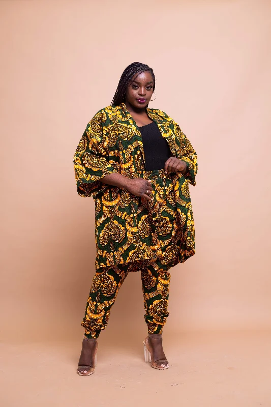 Women's Holiday Apparel Amara Ankara Kimono Jacket | Yellow and Green African Print