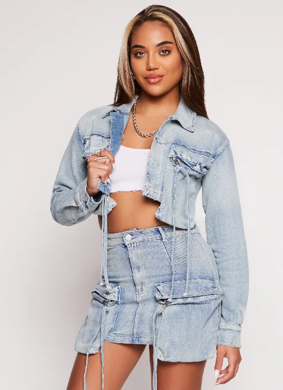 Women's Work Outfit Fringe Cargo Pocket Denim Jacket