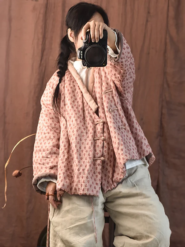 Women's Clothing For Casual Outings Women Cute Ethnic Flower Pink Linen Padded Coat
