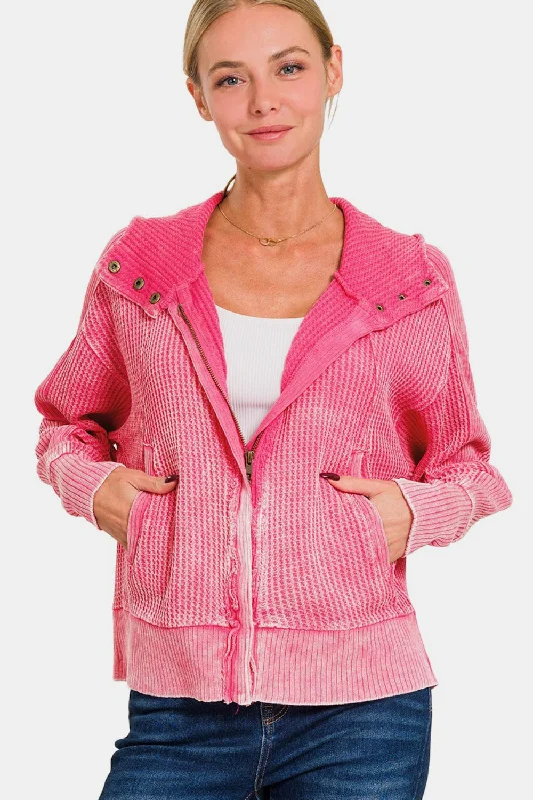 Women's Relaxed Clothes Acid Wash Cotton Waffle Hooded Zip-Up Jacket