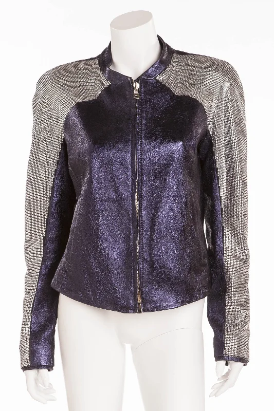 Women's Seasonal Clothes Balmain - Unique New with Tags Navy Blue Pearlescent Leather Jacket w/Rhinestone Arms - FR 40