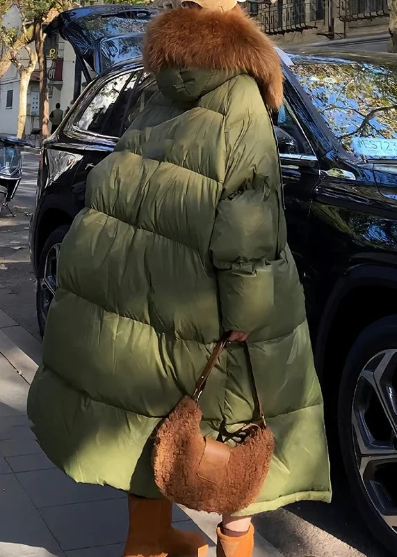 Women's Garments Plus Size Army Green Raccoon Hair Button Collar Long Parkaer Winter