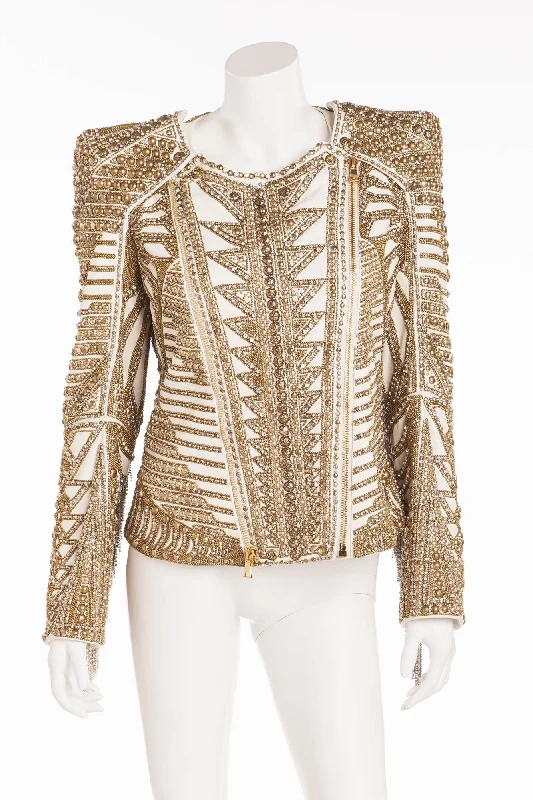 Women's Casual Apparel For Weekends Balmain - Editorial Unique New With Tags White Leather Jacket with Gold Embellishments and Rhinestone Fringe - FR 42