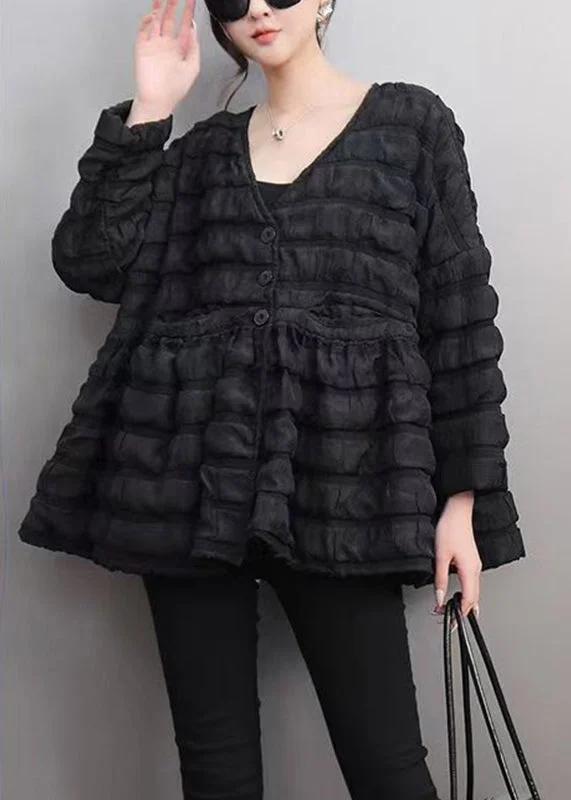 Women's Comfortable Clothes For Weekends Style Black V Neck Patchwork Parka Puff Sleeve