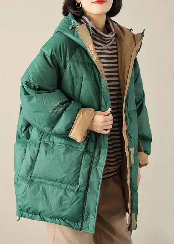 High-Fashion Women's Clothing Boho Green zippered Graphic Loose Winter Duck Down Puffer