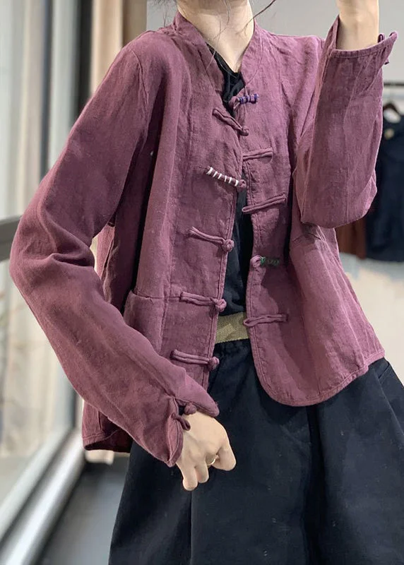 Modern Women's Apparel Retro Purple Chinese Button Pockets Linen Coat Fall