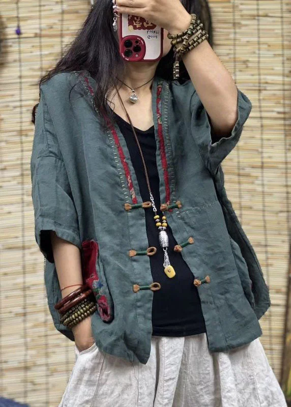 Casual Outfit For Women Vintage Green V Neck Pockets Chinese Button Patchwork Linen Coats Summer Casual Outfit For Women Vintage Green V Neck Pockets Chinese Button Patchwork Linen Coats Summer