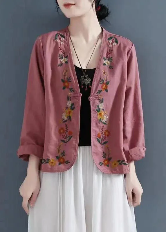 Women's Vacation Outfit Beautiful Carmine Embroidered Button Patchwork Linen Coats Summer
