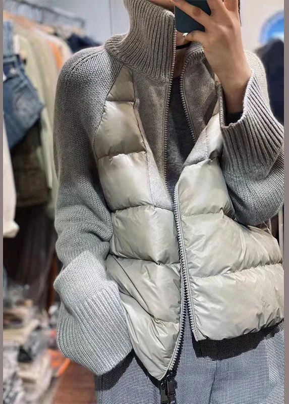 Women's Seasonal Clothes Loose Grey Turtleneck Zip Up Knit Patchwork Parka Long Sleeve