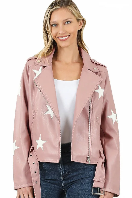 Women's Clothes And Apparel Vegan Leather Star Patch Moto Jacket