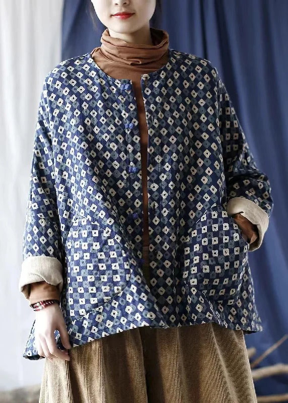 Women's Clothing Apparel Vintage Blue Oversized Print Linen Coat Spring
