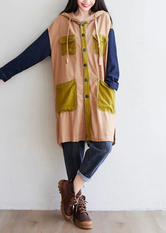 Chic Women's Outfit Khaki Patchwork Linen Coat Oversized Drawstring Spring