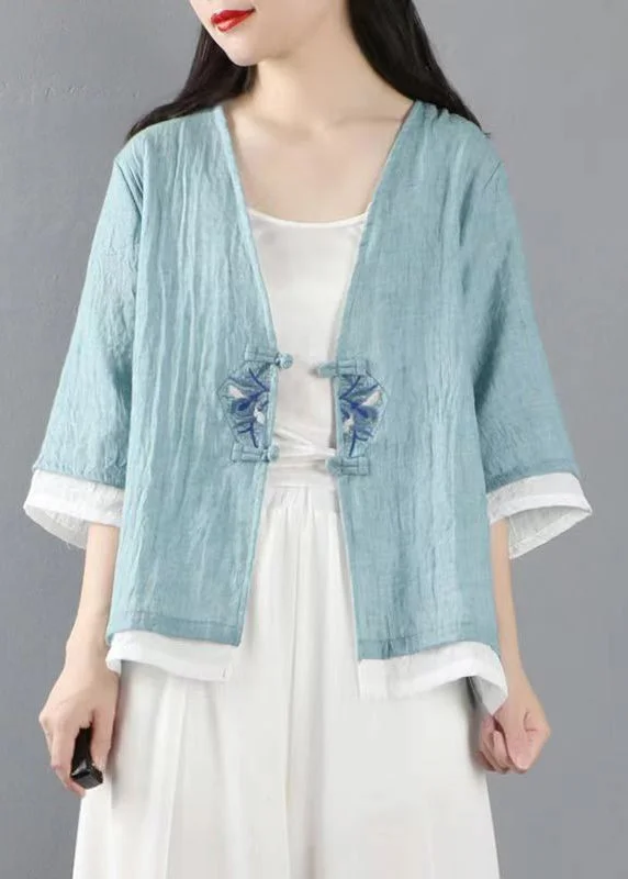 Fashion-Forward Women's Clothing Light Blue Button Patchwork Linen Tops Coats V Neck Half Sleeve Fashion-Forward Women's Clothing Light Blue Button Patchwork Linen Tops Coats V Neck Half Sleeve