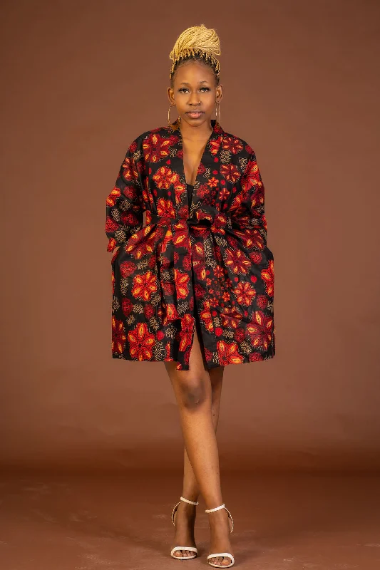 Women's Sports Apparel Adire Black and Red Ankara Short Kimono Jacket