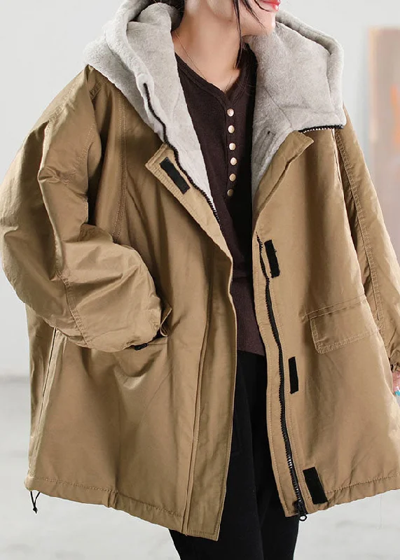 Chic Women's Outfit Plus Size Khaki Hooded Patchwork Faux Fur Coat Winter