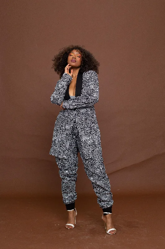 Women's Active Garments For Workouts Adora Adire Longline Jacket | Black and White African Print