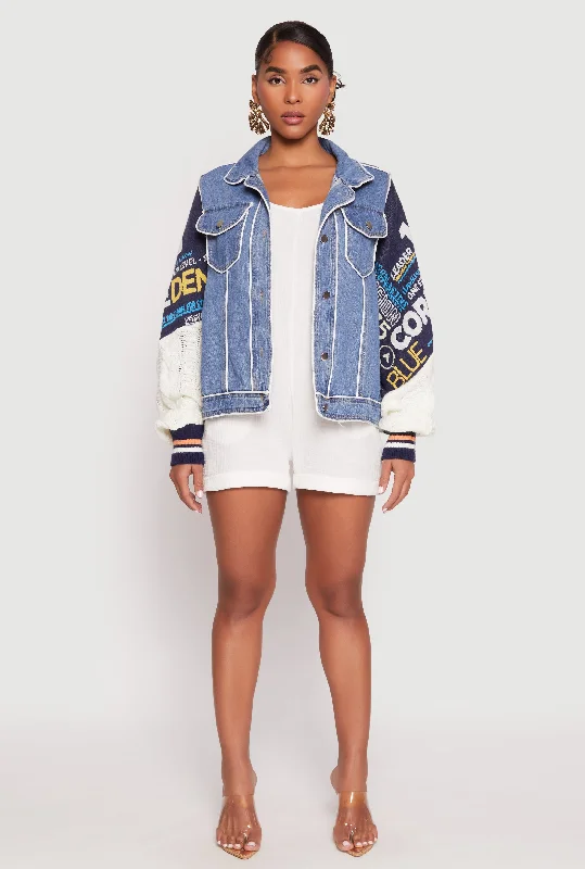 Women's Athleisure Apparel Daisy Cable Knit Graphic Sleeve Denim Jacket