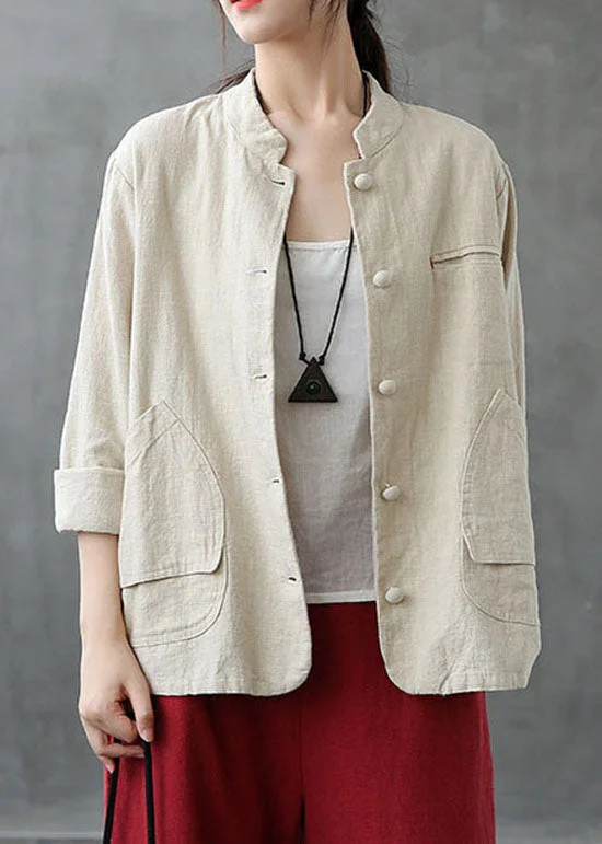 Women's Evening Outfit Italian Beige Stand Collar Pockets Patchwork Linen Coats Spring Women's Evening Outfit Italian Beige Stand Collar Pockets Patchwork Linen Coats Spring