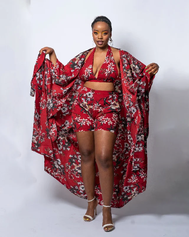 Women's Elegant Clothing Sets Gloria Red Floral Print Kimono Jacket