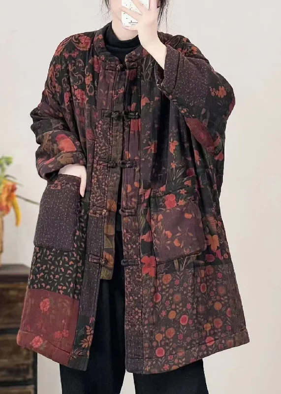Final Call – Shop Elegant And Casual Fashion For Less Plus Size Black Pockets Print Oriental Button Fine Cotton Filled Coat Winter