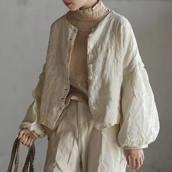 Women's Trendy Clothes Cotton Linen Retro Embroidery O-neck Lantern Sleeve Coat 2022 Jacket Women's Trendy Clothes Cotton Linen Retro Embroidery O-neck Lantern Sleeve Coat 2022 Jacket