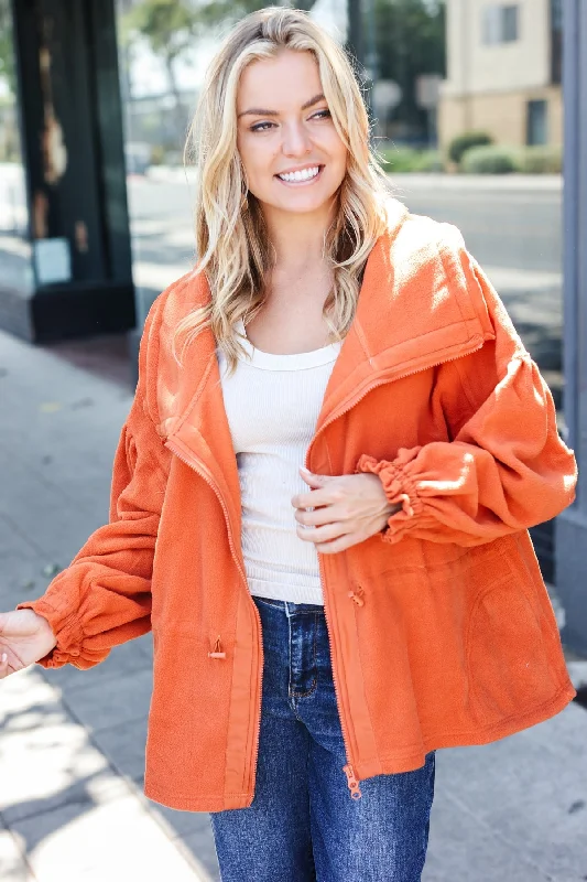 Women's Clothes And Garments Rust Cinched Waist Zip Up Fleece Jacket