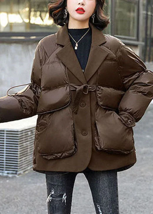 Women's Trendy Casual Outfit Style Coffee Peter Pan Collar Patchwork Winter Duck Down Down Coat