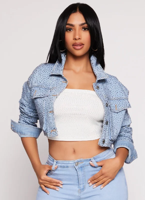 Women's Seasonal Clothing Daisy Rhinestone Cropped Jean Jacket