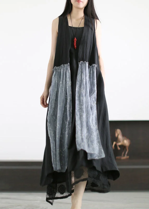 Women's Professional Garments Fashion Black Print Silk Patchwork Linen Waistcoat And Spaghetti Strap Dress Two Piece Set Summer