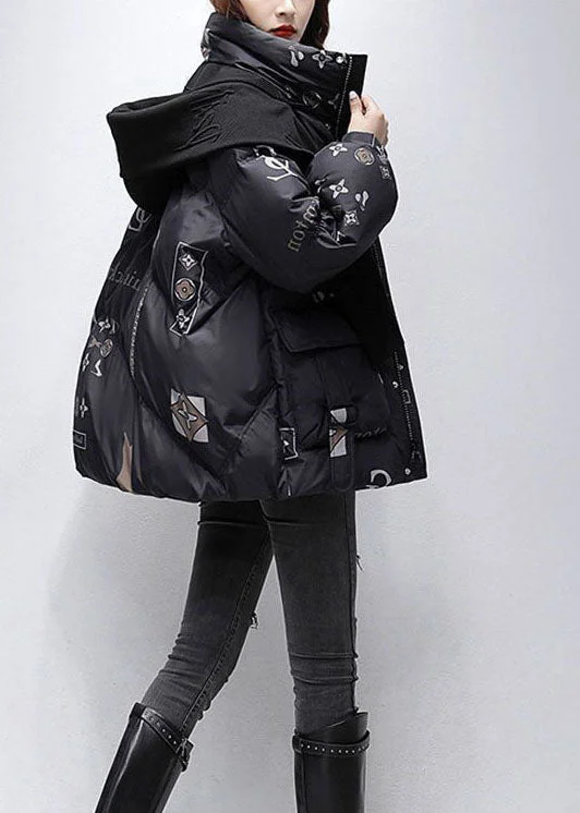 Everyday Fashion Deals – Chic Looks For Less Women Black Letter Print Hooded Scarf Duck Down Down Coat Winter