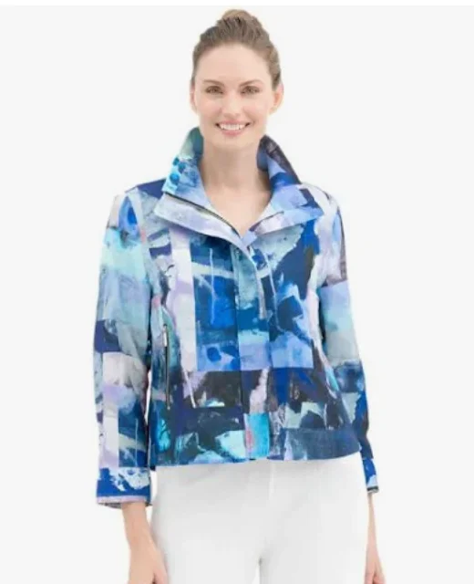Women's Workout Clothing Damee Blue Abstract Painting Biker Jacket
