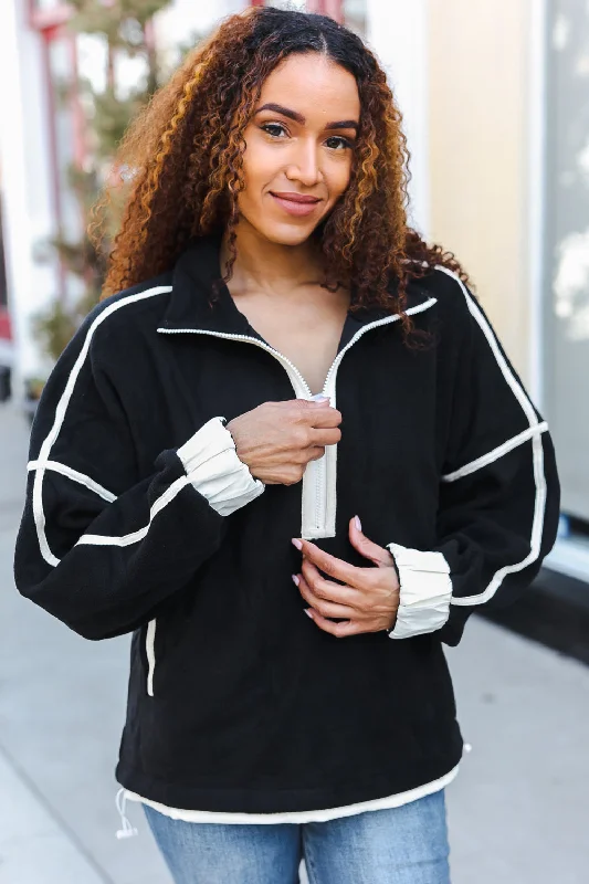 Charming Everyday Clothing For Women Catch Glances Black Cinched Waist Half Zip Up Fleece Jacket