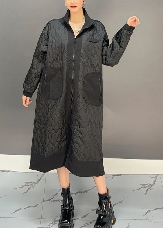 Women's Casual Wear Clothes Plus Size Black Peter Pan Collar Embroidered Plaid Pockets Long Parka Winter Women's Casual Wear Clothes Plus Size Black Peter Pan Collar Embroidered Plaid Pockets Long Parka Winter