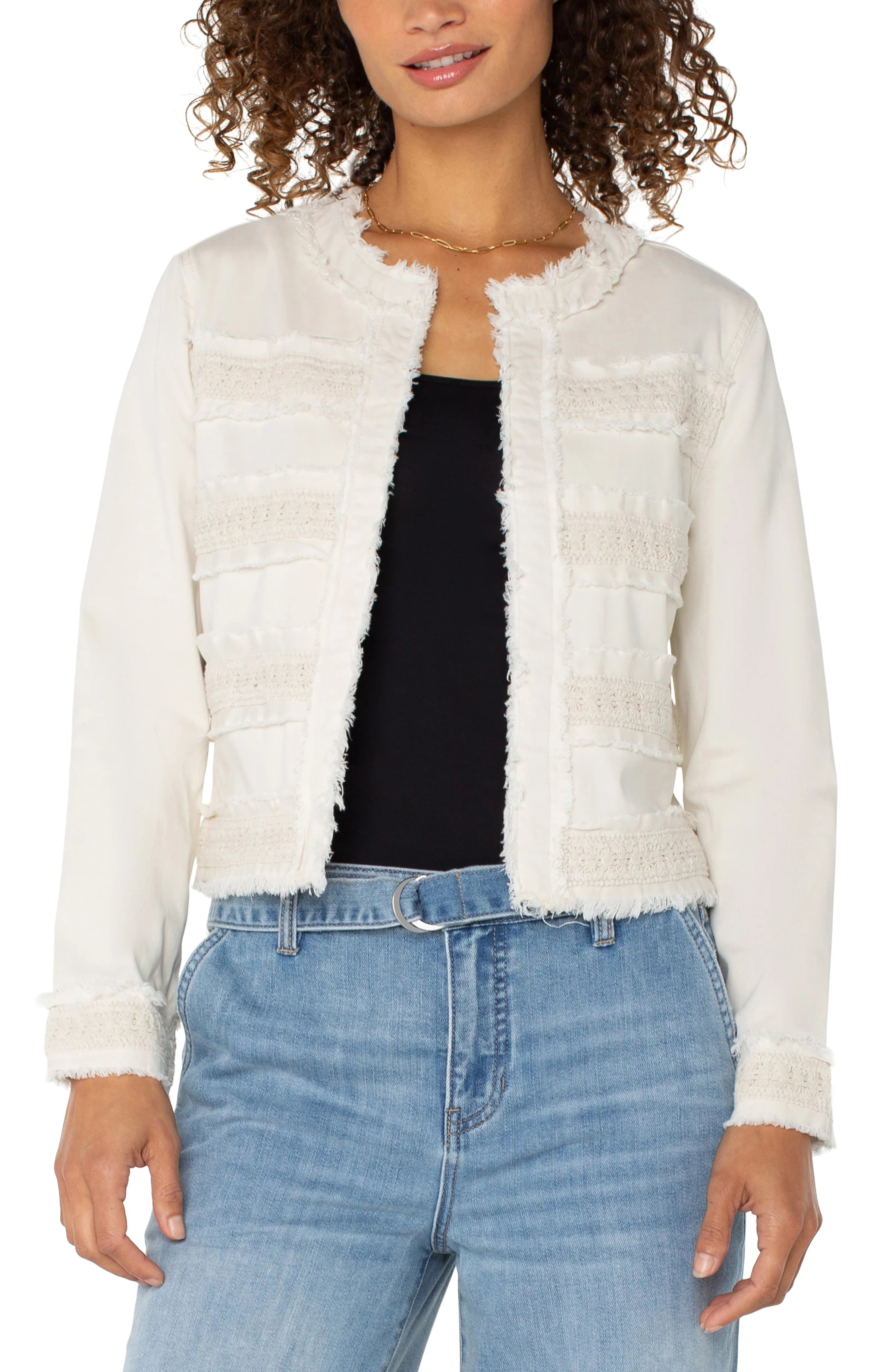 Women's Urban Clothing Collarless Jacket With Fray & Lace