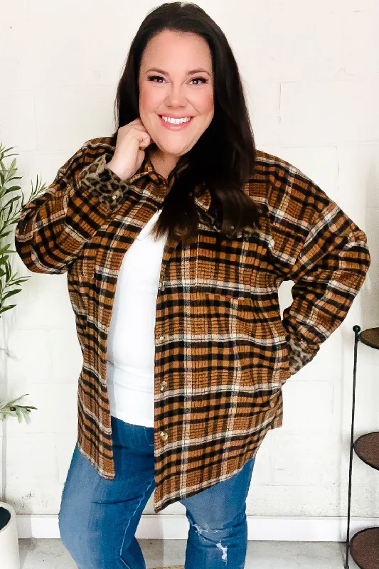Women's Clothing For Holiday Travel Put Together Rust Plaid & Animal Print Button Down Jacket