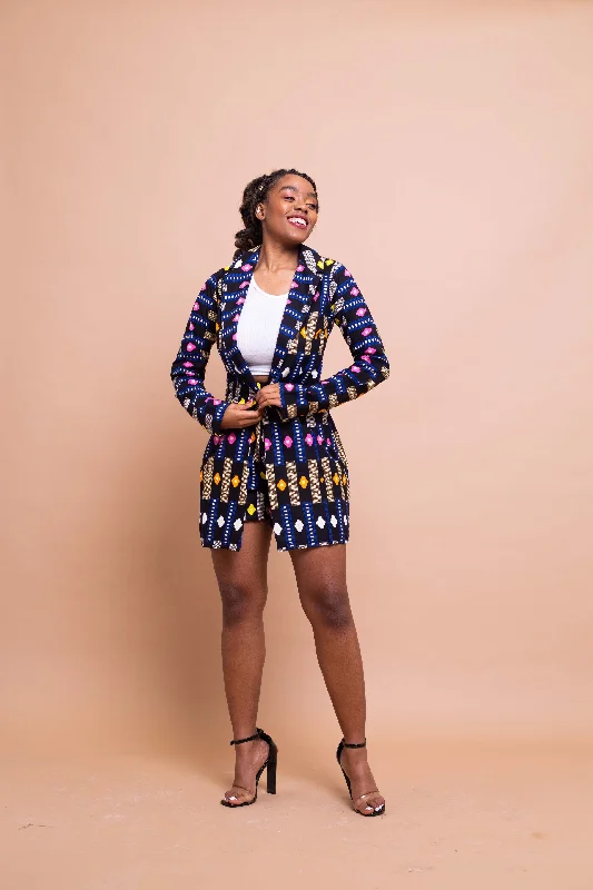 Chic Women's Garments Tanya Ankara long Jacket | Black and Blue African Print