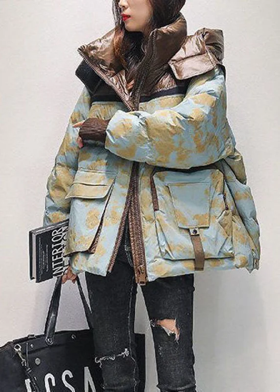 Women's Athletic Clothes French Light Blue Hooded Patchwork Camouflage Duck Down Down Coat Winter