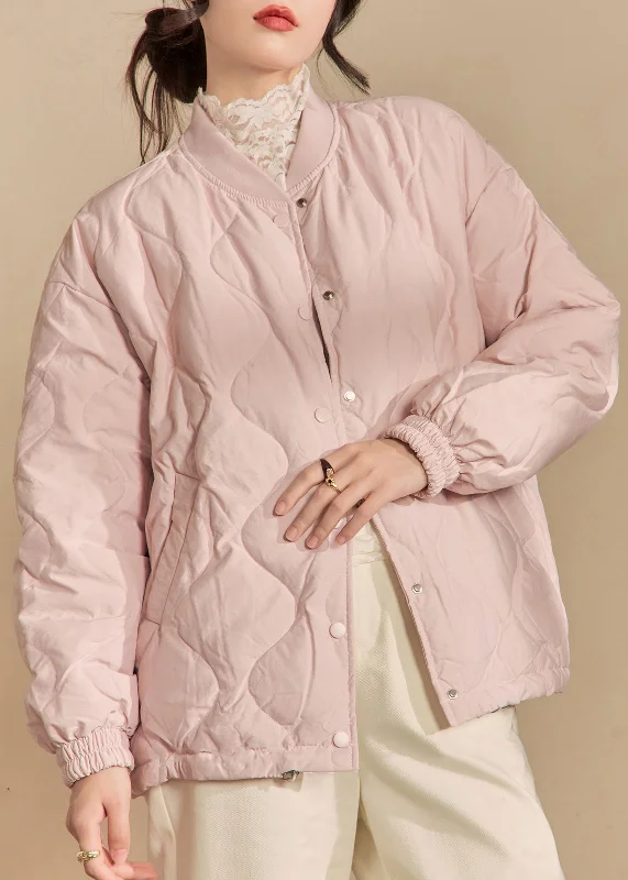 Women's Casual Wear Outfit Simple Pink Stand Collar Button Pockets Parkas Winter