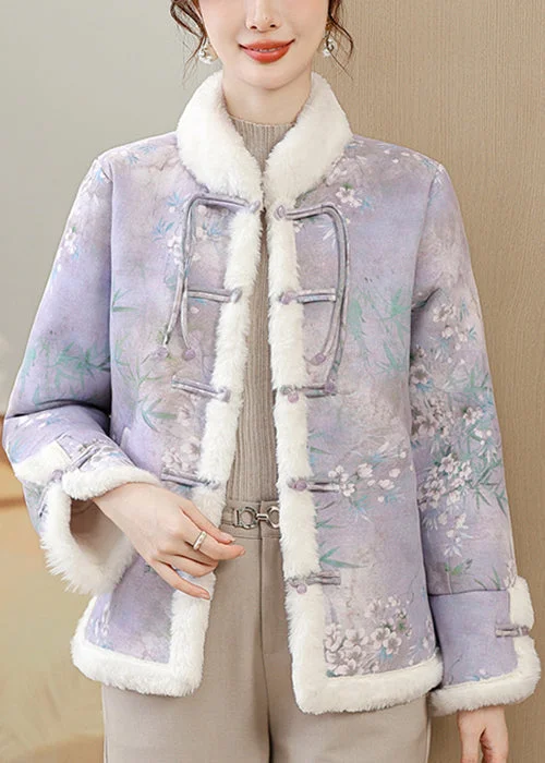Women's Casual Wear Clothing Loose Purple Print Button Patchwork Warm Fleece Parka Winter Women's Casual Wear Clothing Loose Purple Print Button Patchwork Warm Fleece Parka Winter