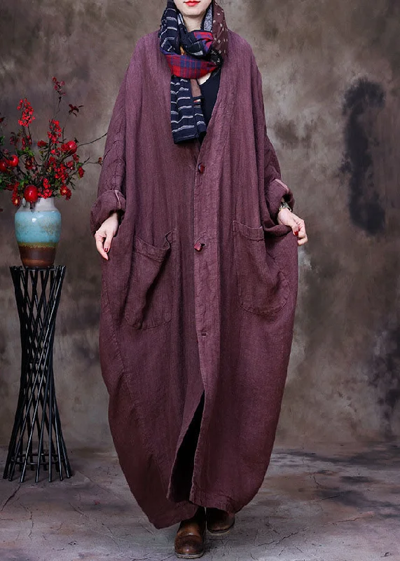 Women's Cozy Outfit For Lounging Coffee Solid Linen Trench Coat V Neck Handmade Floral Long Sleeve