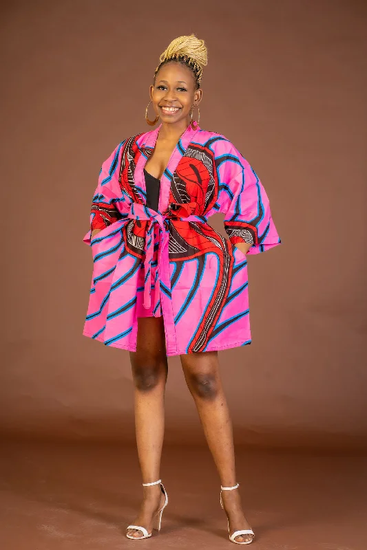 Affordable Women's Garments Aniebiet Ankara Short Kimono Jacket | Pink African Print