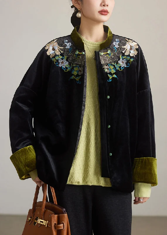 Women's Everyday Apparel Loose Black Embroidered Button Cotton Filled Coat Winter